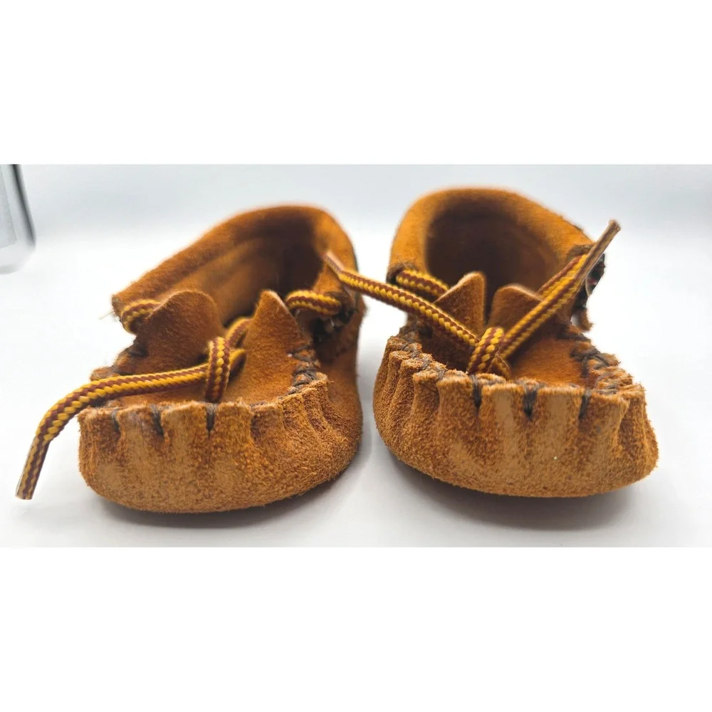 Vintage Animoc Indian Moccasins Baby Suede Booties Size 4 Tan Fringe with Box